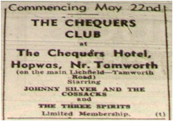 22/05/64 - Starting May 22 &ndash; The Chequers Club - The Chequers, Hopwas - Johnny Silver and the Cossacks with The Three Spirits