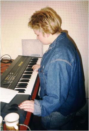Ex-Great Express keyboard player Chantal Weston playing keyboards at the Expresso Bongo during the demo recording of &lsquo;Feel Your Touch&rsquo; in February 1988.